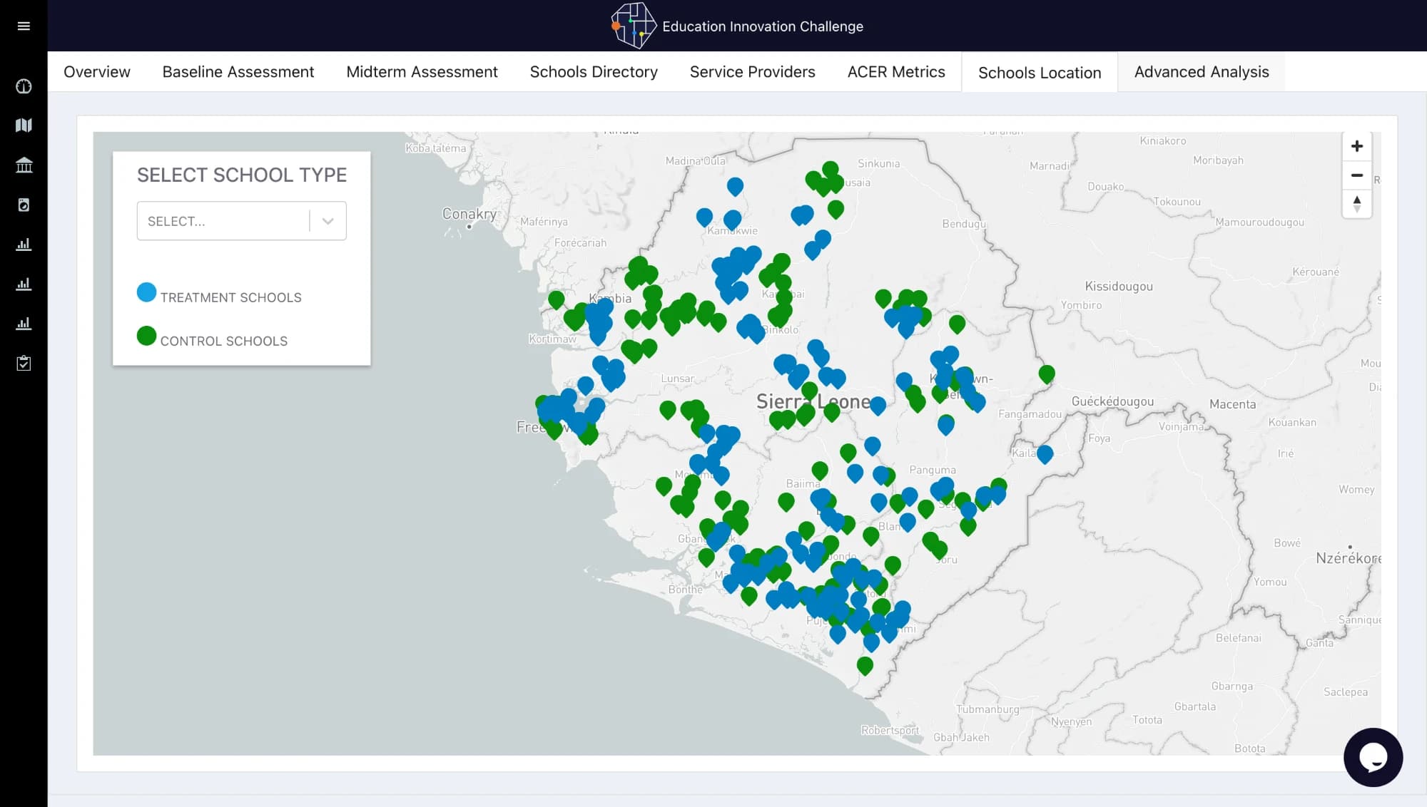 Education Innovation Challenge schools-location map of Sierra Leone showing treatment and control schools across the districts