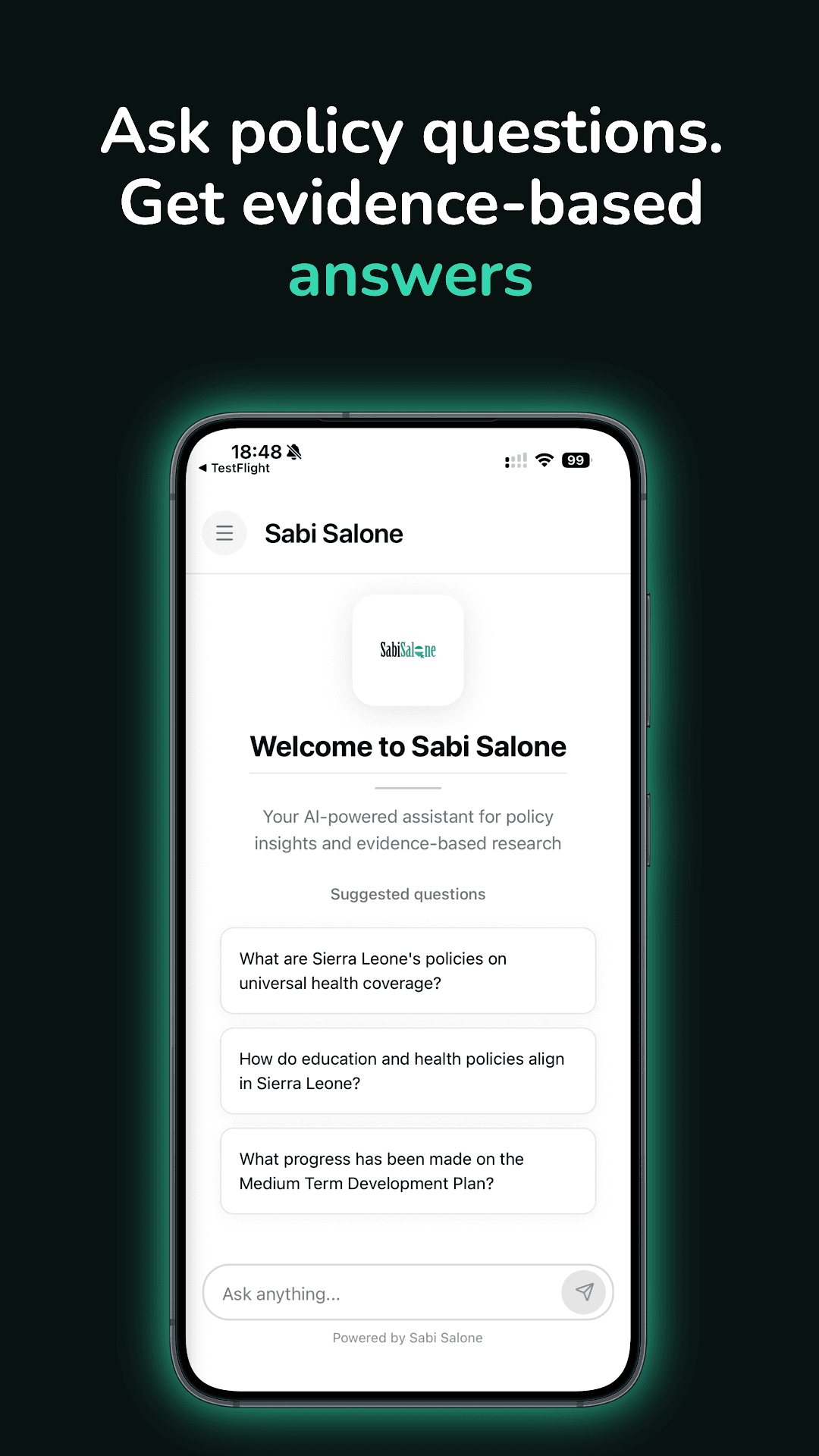 Sabi Salone AI chat answering questions about Sierra Leone policy documents