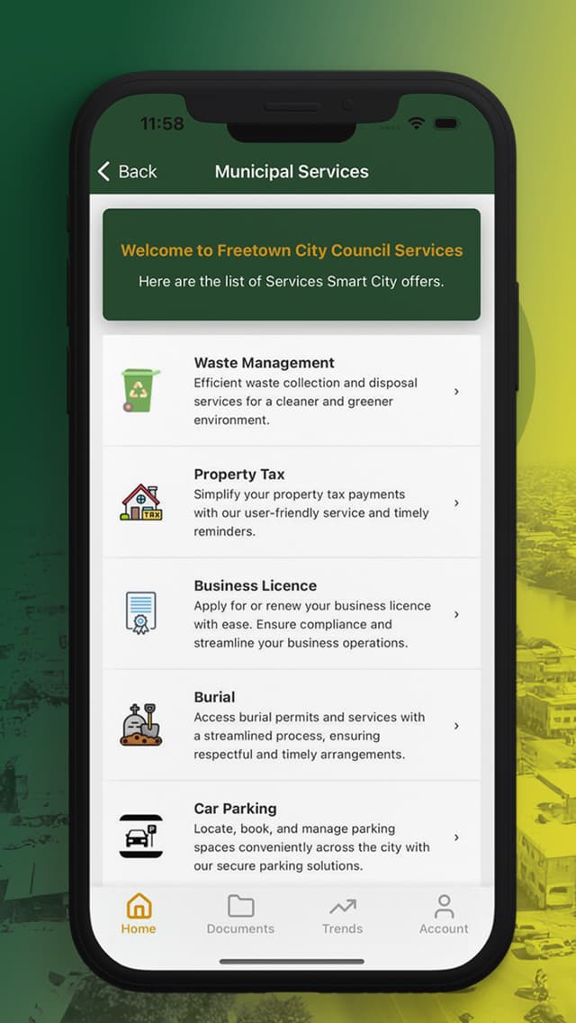 Smart City Services municipal services menu: waste management, property tax, business licence, burial, and car parking